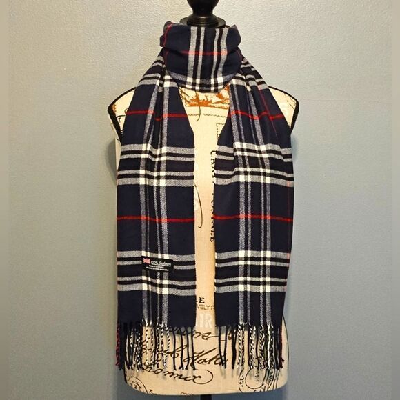 NEW, Cashmere scarf in navy, white, and red plaid. UNISEX - Picture 1 of 3